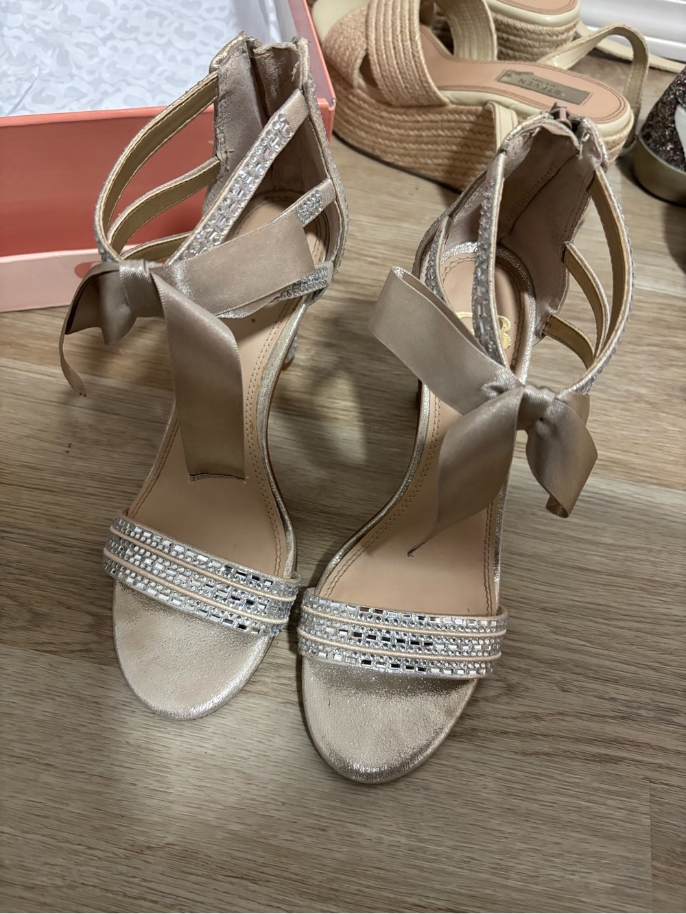 Gianni Bini Champagne Blush Satin Ankle-Tie Heels with Crystal Straps